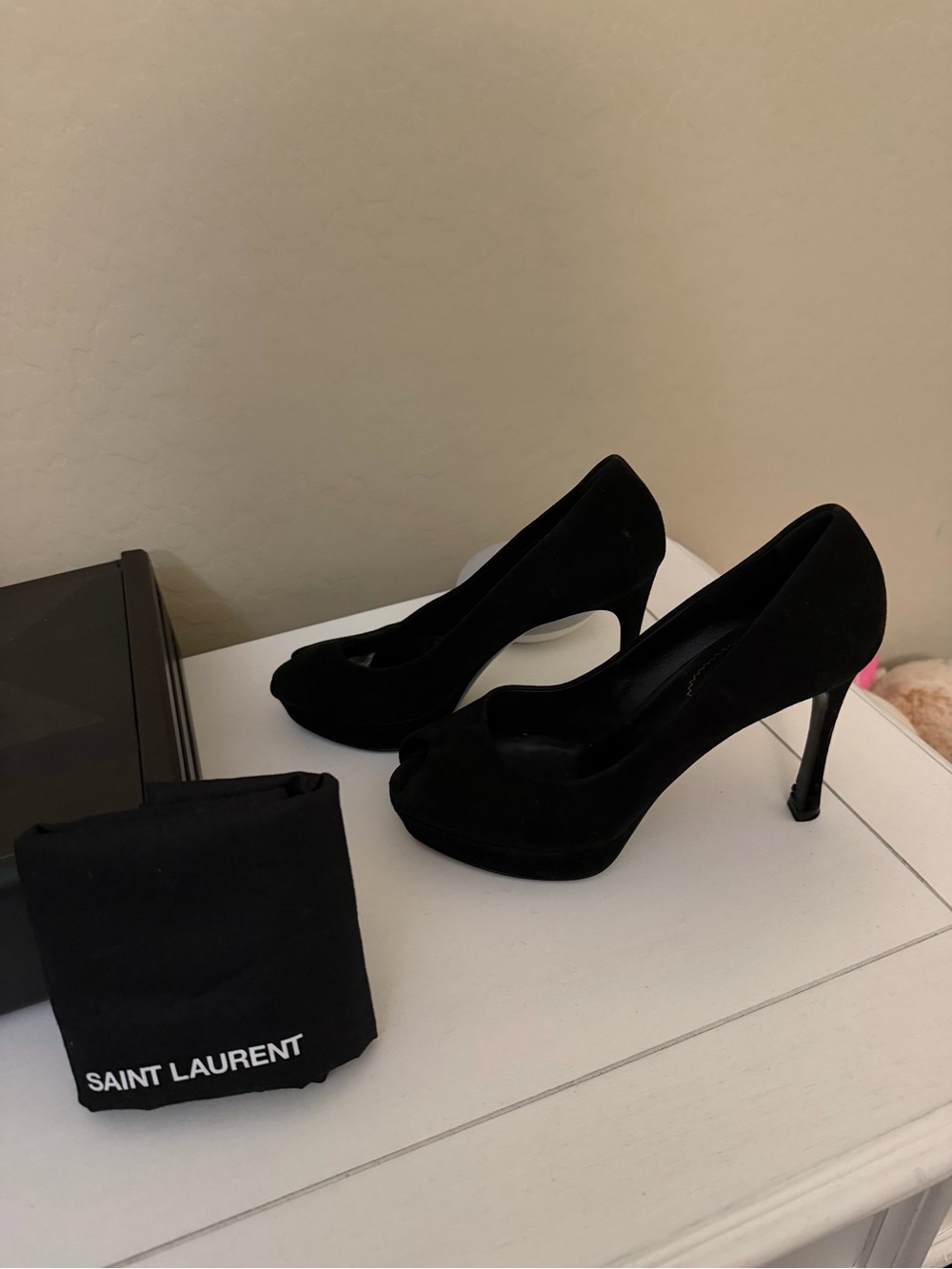 Yves Saint Laurent Black Suede Peep-Toe Heels